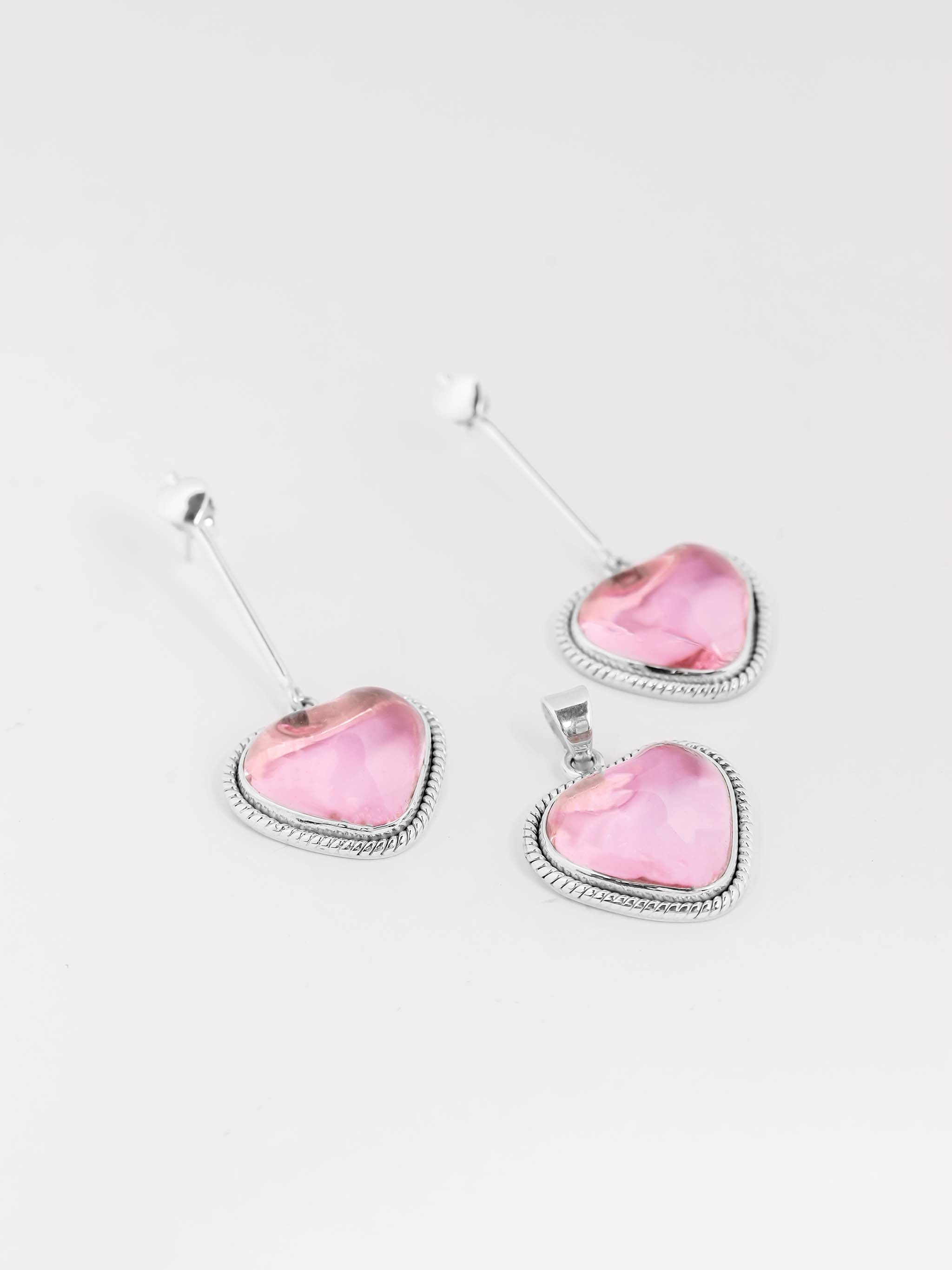 ROSE HEARTS - Pink Earrings &amp; Pendant