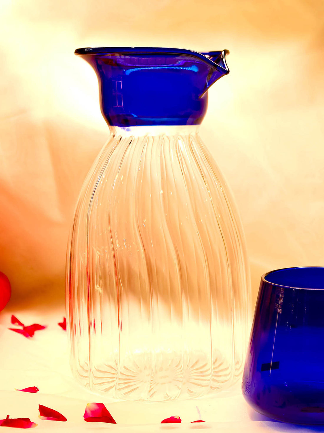 Blue Penguin fluted Pitcher with Dimpled blue glasses (set of 2)